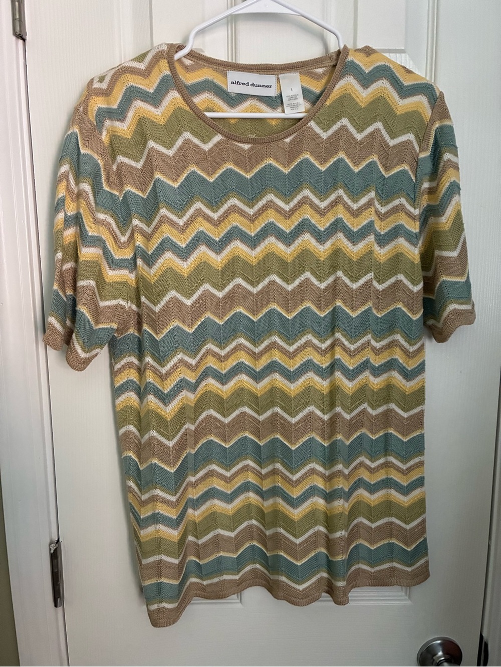 Alfred Dunner Short Sleeve Chevron Knit Shirt - Blue, Yellow, Tan, Cream, Green